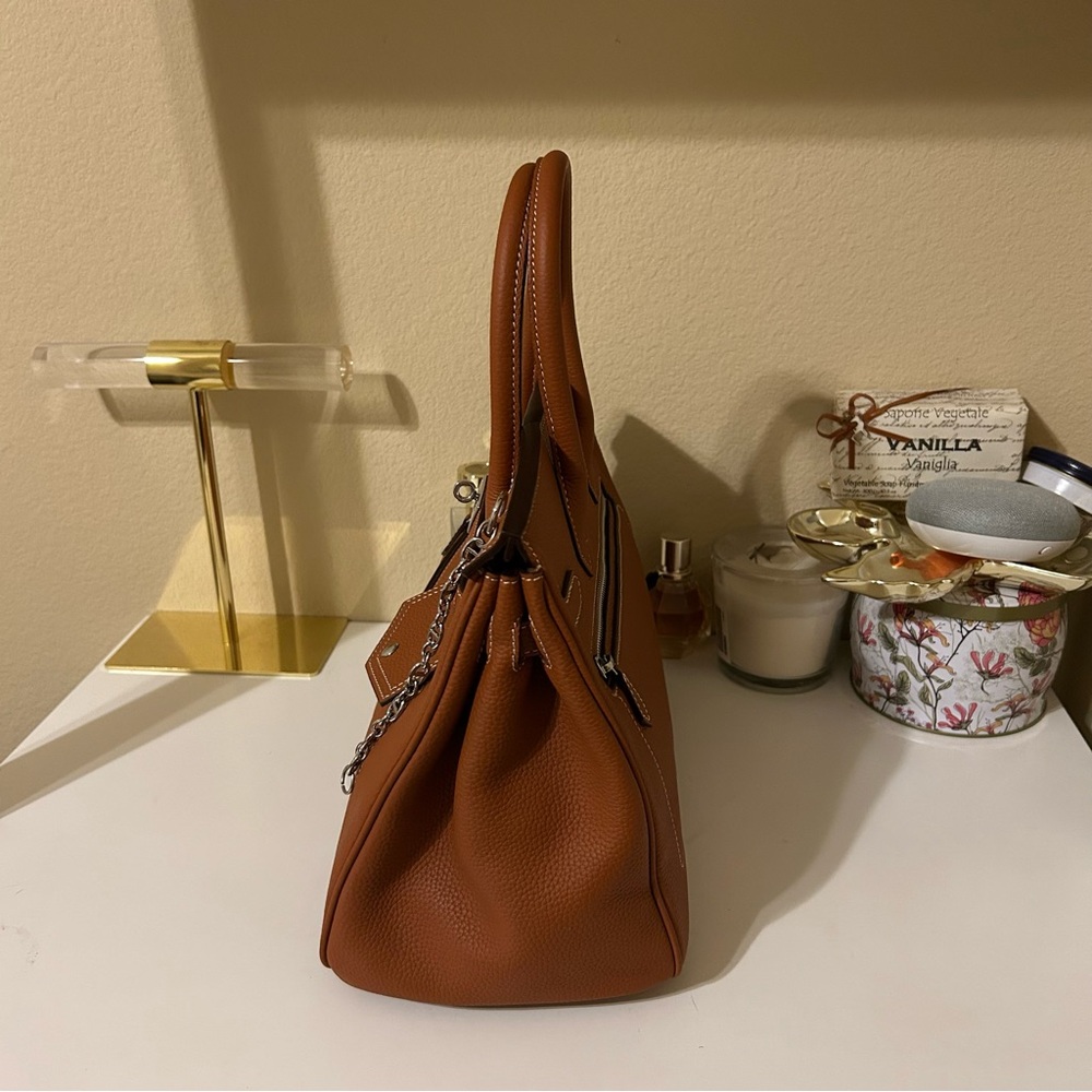 30cm Round Top Handle Front Pockets Satchel Brown - Picture 3 of 8